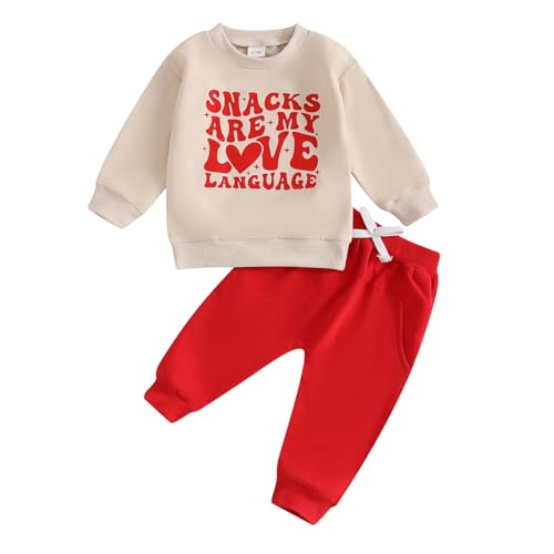 Nokpsedcb Baby Boy Girl Cute Letter Embroidery Long Sleeve Sweatshirt and Elastic Long Pants Toddler Valentine Outfits (Apricot Snacks Are My Love Language, 0-6 Months) - Image 1