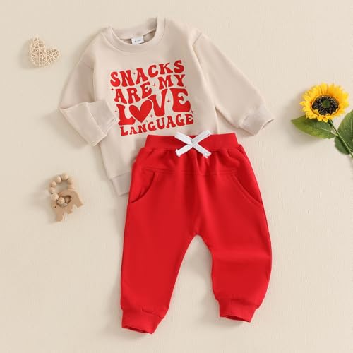 Nokpsedcb Baby Boy Girl Cute Letter Embroidery Long Sleeve Sweatshirt and Elastic Long Pants Toddler Valentine Outfits (Apricot Snacks Are My Love Language, 0-6 Months) - Image 3