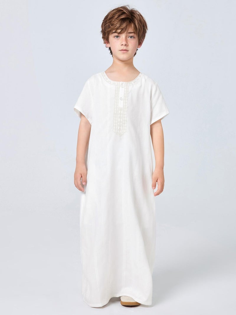 Solid Color Boys' Embroidered Short Sleeve  Thobe - Image 2