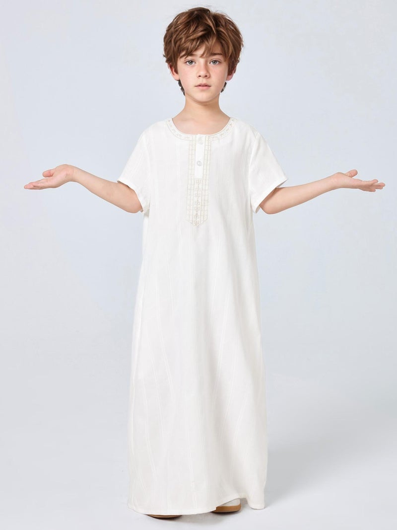 Solid Color Boys' Embroidered Short Sleeve  Thobe - Image 5