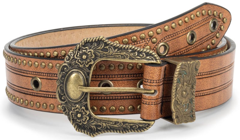 Mealah Vintage Western-Cowboy-Belt for Women Men - Carved Buckle PU Leather Waist Belts (for Waist 28"-38"), Rivet-brown, for 28"-38" waist - Image 1