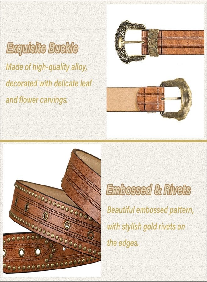 Mealah Vintage Western-Cowboy-Belt for Women Men - Carved Buckle PU Leather Waist Belts (for Waist 28"-38"), Rivet-brown, for 28"-38" waist - Image 3