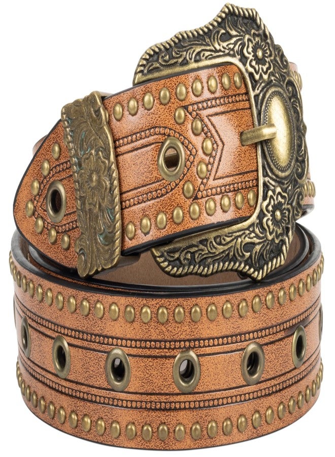 Mealah Vintage Western-Cowboy-Belt for Women Men - Carved Buckle PU Leather Waist Belts (for Waist 28"-38"), Rivet-brown, for 28"-38" waist - Image 4