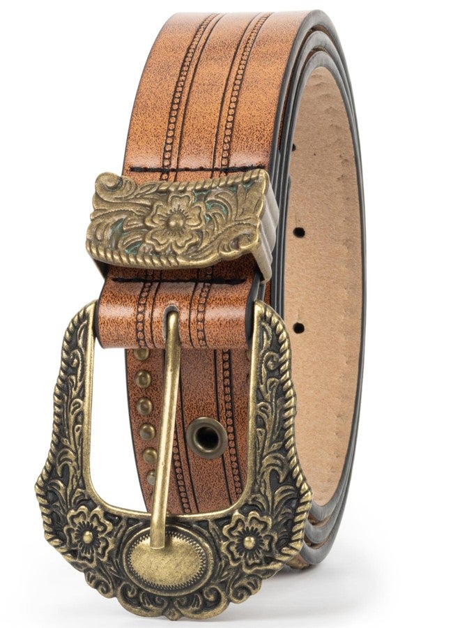 Mealah Vintage Western-Cowboy-Belt for Women Men - Carved Buckle PU Leather Waist Belts (for Waist 28"-38"), Rivet-brown, for 28"-38" waist - Image 5