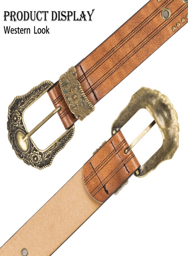 Mealah Vintage Western-Cowboy-Belt for Women Men - Carved Buckle PU Leather Waist Belts (for Waist 28"-38"), Rivet-brown, for 28"-38" waist - Image 2