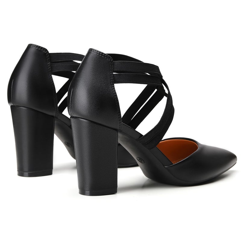 Trary Women's Low Heels Pumps Chunky Closed Pointed Toe Block Heels for Women Dress Shoes Elastic Crisscross Strappy 3.5 Inch Comfortable for Wedding Bridal - Image 4