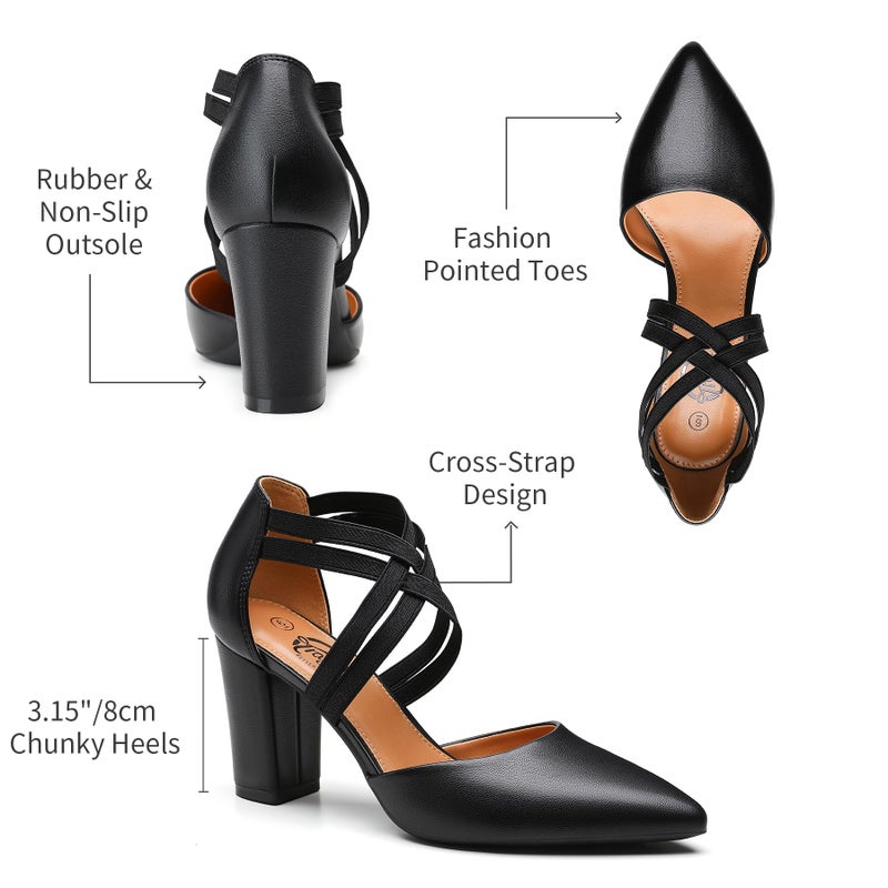 Trary Women's Low Heels Pumps Chunky Closed Pointed Toe Block Heels for Women Dress Shoes Elastic Crisscross Strappy 3.5 Inch Comfortable for Wedding Bridal - Image 5