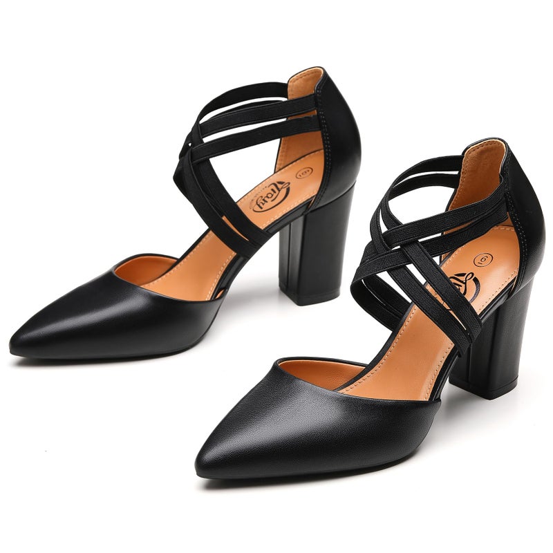 Trary Women's Low Heels Pumps Chunky Closed Pointed Toe Block Heels for Women Dress Shoes Elastic Crisscross Strappy 3.5 Inch Comfortable for Wedding Bridal - Image 3
