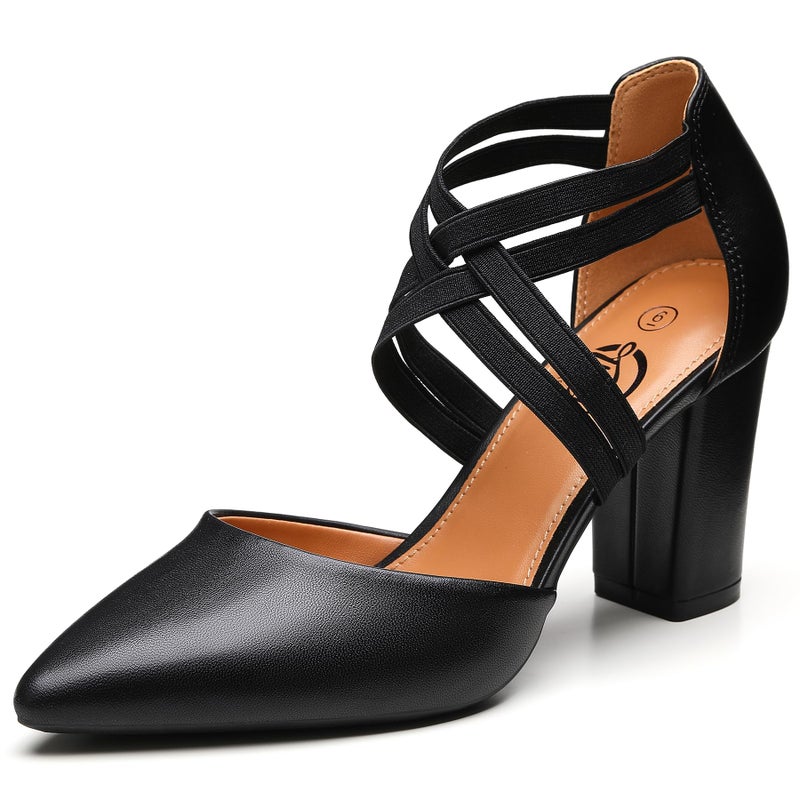 Trary Women's Low Heels Pumps Chunky Closed Pointed Toe Block Heels for Women Dress Shoes Elastic Crisscross Strappy 3.5 Inch Comfortable for Wedding Bridal - Image 1