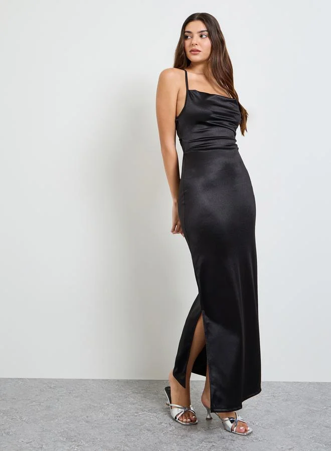 تايك تو Black Strappy Neck Satin Maxi Dress