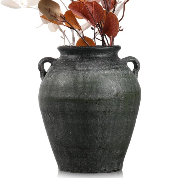 LARGE CERAMIC VASE WITH 2 HANDLES 11 INCH TALL TERRACOTTA RUSTIC VINTAGE VASE DECORATIVE POTTERY FLOWER FOR HOME TABLE COUNTERTOP SHELF LIVING ROOM DECORBLACK