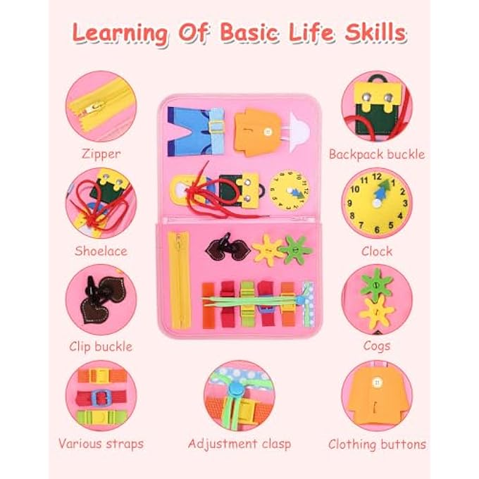 ACTIVITY BOARD FOR CHILDREN, MONTESSORI TOY FOR TODDLERS, BUSY BOARD 2 3 4 5, PRESCHOOL LEARNING LIFE SENSORY BOARD, TRAVEL TOY, EDUCATIONAL TOY FOR BOYS GIRLS (PINK) - Image 4
