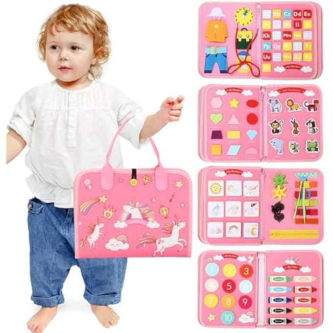 ACTIVITY BOARD FOR CHILDREN, MONTESSORI TOY FOR TODDLERS, BUSY BOARD 2 3 4 5, PRESCHOOL LEARNING LIFE SENSORY BOARD, TRAVEL TOY, EDUCATIONAL TOY FOR BOYS GIRLS (PINK) - Image 1