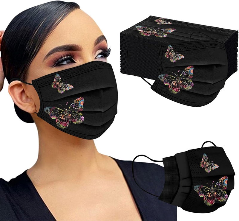ويوبلز ٥٠ كمامة وجه للاستخدام مرة واحدة بتصميم فراشة للنساء البالغات، كمامات مطبوعة برسومات فراشات لطيفة، توفر حماية كاملة للوجه A01 - Image 4