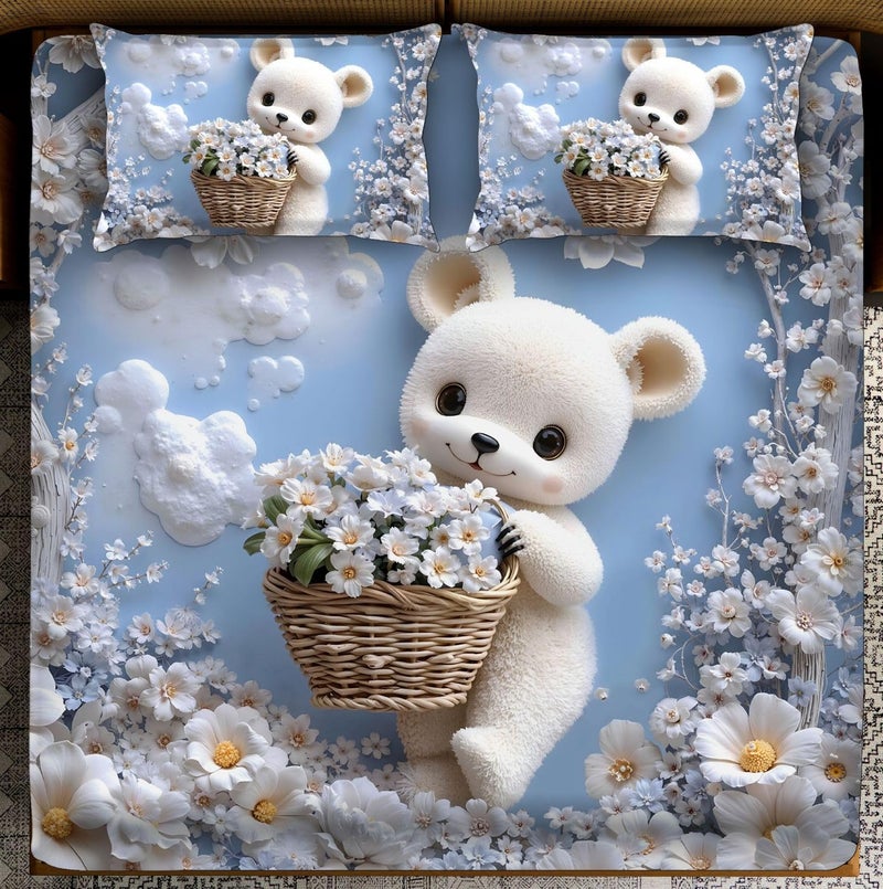 BhaiJi BedSheet 300 TC King Size Glace Cotton Double Bed HD Digital Printed Bed Sheets for Double Bed with 2 Pillow Covers || Large 108x108 Inch Without Joints - Teddy Bear with Flower Basket - Image 4