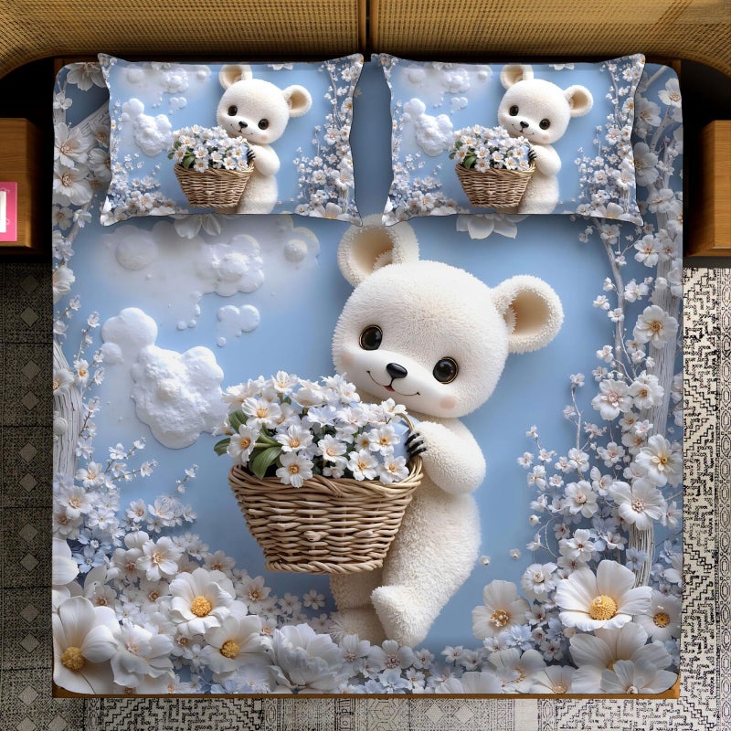 BhaiJi BedSheet 300 TC King Size Glace Cotton Double Bed HD Digital Printed Bed Sheets for Double Bed with 2 Pillow Covers || Large 108x108 Inch Without Joints - Teddy Bear with Flower Basket - Image 5
