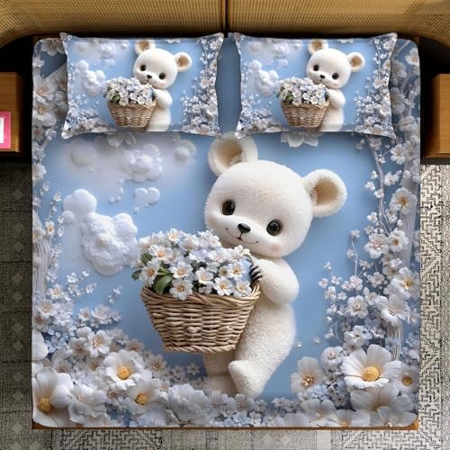 BhaiJi BedSheet 300 TC King Size Glace Cotton Double Bed HD Digital Printed Bed Sheets for Double Bed with 2 Pillow Covers || Large 108x108 Inch Without Joints - Teddy Bear with Flower Basket - Image 1
