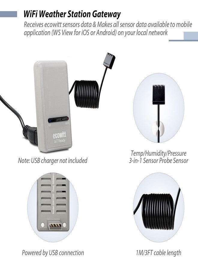 ECOWITT Wi-Fi Gateway Weather Station, with Built-in Temperature, Humidity, and Barometric Sensors, IOT Ready, Supports Ecowitt Sensors Developed, USB Power, 915 MHz - Image 2