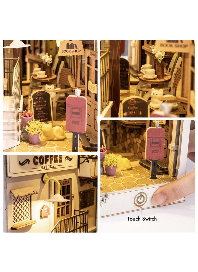 Robotime ROBOTIME DIY Book Nook Kit Bookend Stand Bookshelf Insert Bookcase Miniature House with Sensor Light 3D Wooden Puzzle Model Building (Sunshine Town)  - Image 5
