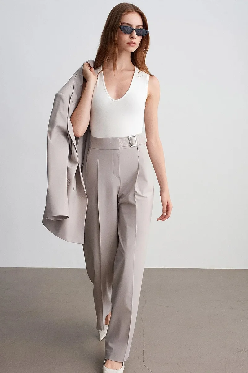 Dilvin Stone Natural DILVIN Belted Wide-Leg Woven Trousers for Women | Best Price UAE