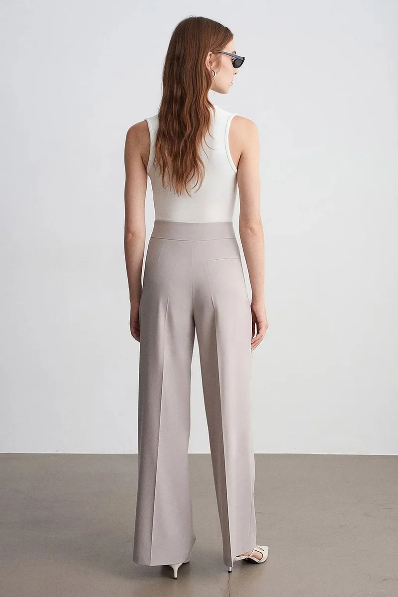Dilvin Stone Natural DILVIN Belted Wide-Leg Woven Trousers for Women | Best Price UAE