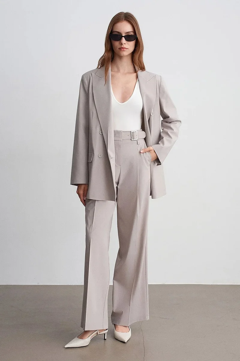 Dilvin Stone Natural DILVIN Belted Wide-Leg Woven Trousers for Women | Best Price UAE