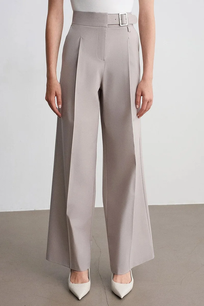 Dilvin Stone Natural DILVIN Belted Wide-Leg Woven Trousers for Women | Best Price UAE