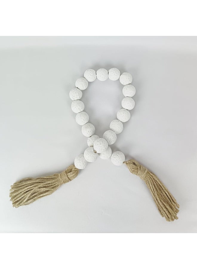 YINZUO Rustic White Bead Garland with Jute Tassels – 85cm Wooden Farmhouse Beads, 21pcs Decorative Boho Beaded Strand for Table, Tray, Shelf, and Wall Hanging Home Décor - Image 1