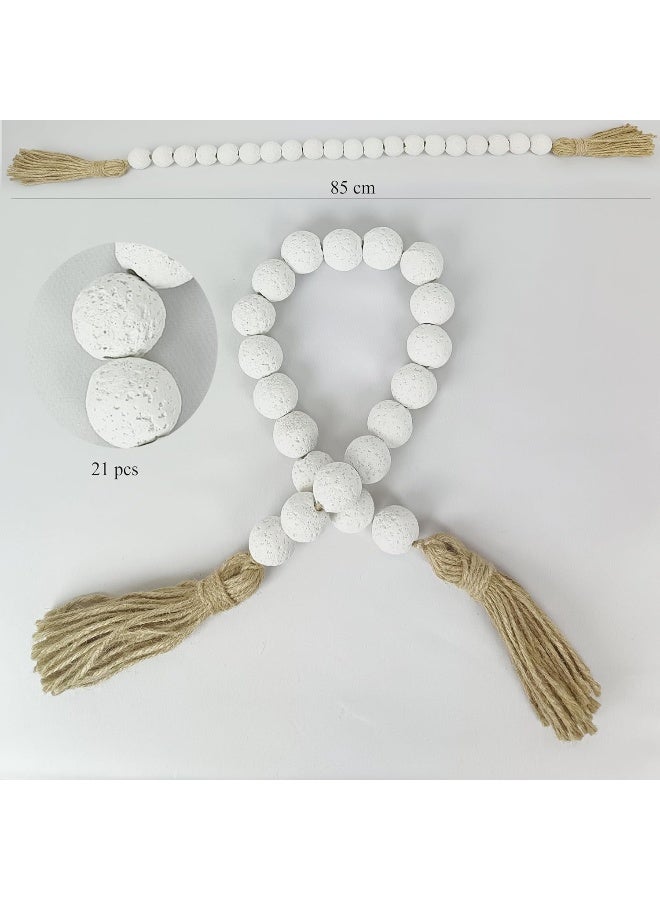 YINZUO Rustic White Bead Garland with Jute Tassels – 85cm Wooden Farmhouse Beads, 21pcs Decorative Boho Beaded Strand for Table, Tray, Shelf, and Wall Hanging Home Décor - Image 2