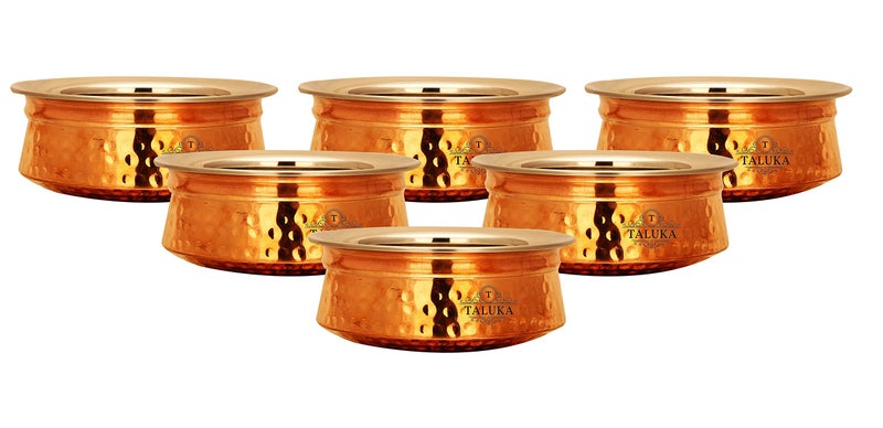 Taluka (5.1" x 1.8" Inches Approx) Handmade Copper Serving Handi/Pot Steel Inside 300 ML Restaurant Ware Hotel Ware Home Ware Pcak of 6 - Image 1