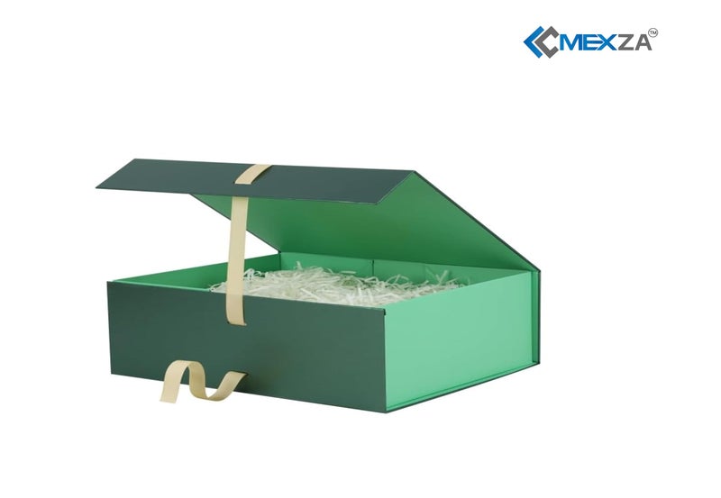 MEXZA Gift box Foldable collapsible Hardboard Rakhi Empty Box with Satin Ribbon Multipurpose Decorative Hamper Box Holds 10 kg Presents Reuse Valentine (30x 26 x 8 cm-large) (GREEN) - Image 2