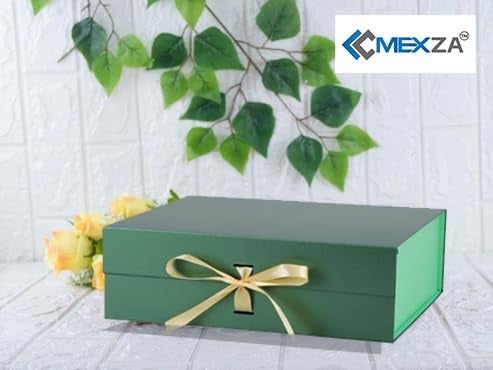 MEXZA Gift box Foldable collapsible Hardboard Rakhi Empty Box with Satin Ribbon Multipurpose Decorative Hamper Box Holds 10 kg Presents Reuse Valentine (30x 26 x 8 cm-large) (GREEN) - Image 3