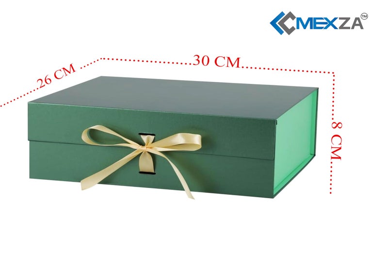 MEXZA Gift box Foldable collapsible Hardboard Rakhi Empty Box with Satin Ribbon Multipurpose Decorative Hamper Box Holds 10 kg Presents Reuse Valentine (30x 26 x 8 cm-large) (GREEN) - Image 4