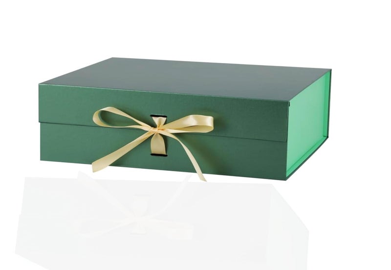 MEXZA Gift box Foldable collapsible Hardboard Rakhi Empty Box with Satin Ribbon Multipurpose Decorative Hamper Box Holds 10 kg Presents Reuse Valentine (30x 26 x 8 cm-large) (GREEN) - Image 1