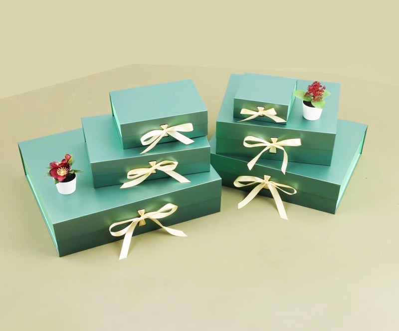 MEXZA Gift box Foldable collapsible Hardboard Rakhi Empty Box with Satin Ribbon Multipurpose Decorative Hamper Box Holds 10 kg Presents Reuse Valentine (30x 26 x 8 cm-large) (GREEN) - Image 5
