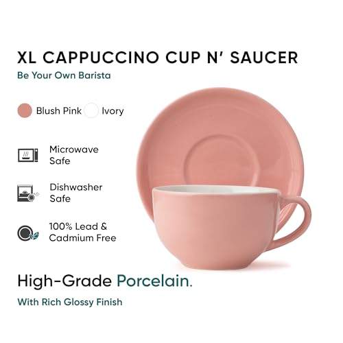 Shay Cappuccino Cup Saucer Set, Light Pink, 320ml | Cappuccino Cup | Glossy Finish | Large Ceramic Coffee Cup | Premium Ceramic Coffee Cup | Microwave Safe (XL Cup Saucer - Pink Ivory) - Image 3