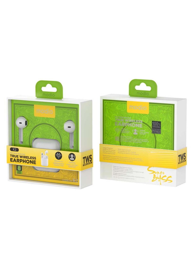 Modio K2 True Wireless Earphones With ENC Noise Reduction High Quality Audio Crystal Clear Microphone and Touch Controls Compatible With iPhones and iPads White - Image 1