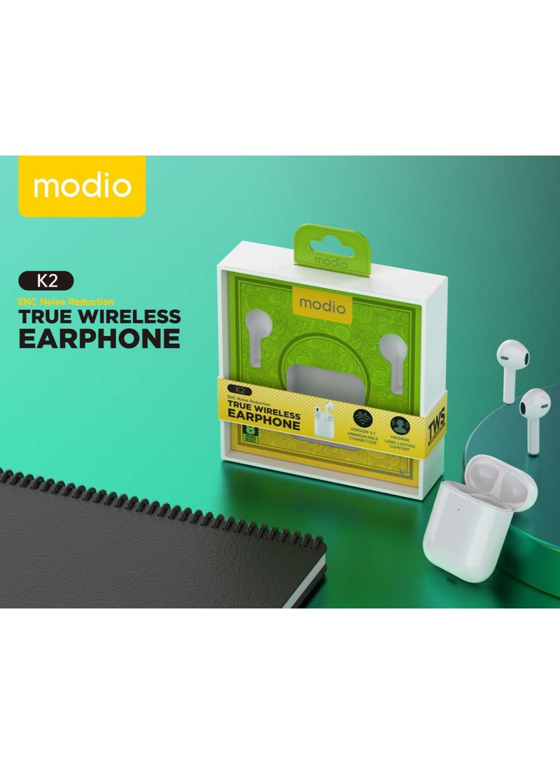Modio K2 True Wireless Earphones With ENC Noise Reduction High Quality Audio Crystal Clear Microphone and Touch Controls Compatible With iPhones and iPads White - Image 2