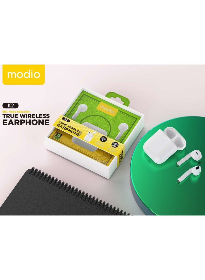 Modio K2 True Wireless Earphones With ENC Noise Reduction High Quality Audio Crystal Clear Microphone and Touch Controls Compatible With iPhones and iPads White - Image 3