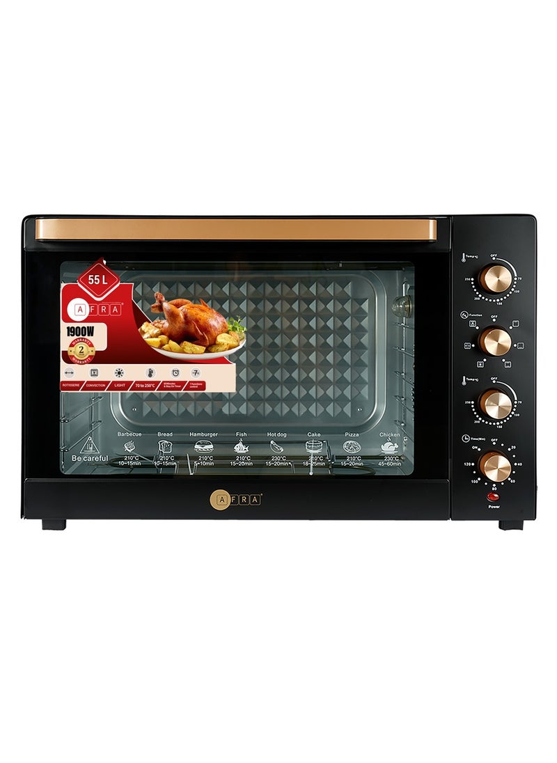 AFRA Electric Oven Toaster, 55L, 1900w Convection Rotisserie & Oven Lamp, 4 Knobs Tray, Rack, Handle, 7-Functions control, Adjustable Thermostat 70 to 250C, AF-5519OTBK, 2-Year Warranty