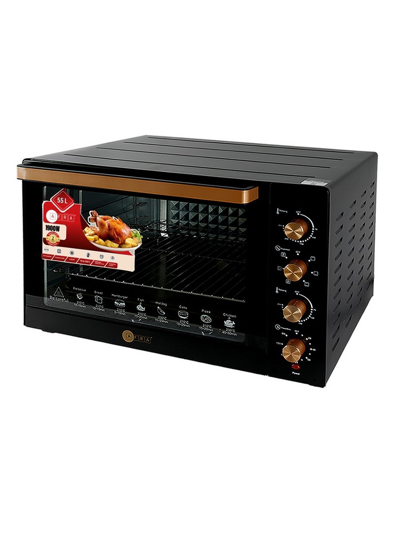 AFRA Electric Oven Toaster, 55L, 1900w Convection Rotisserie & Oven Lamp, 4 Knobs Tray, Rack, Handle, 7-Functions control, Adjustable Thermostat 70 to 250C, AF-5519OTBK, 2-Year Warranty