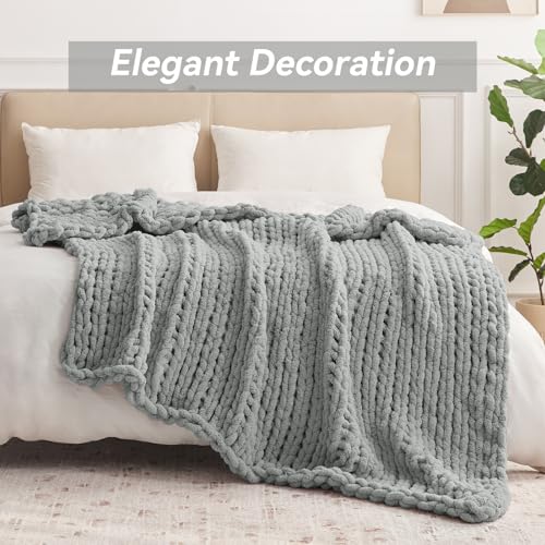 Negwoo Chunky Knit Throw Blanket, 50''*60'' Knitted Throw Chenille Yarn for Bed Couch, Handmade Light Grey Crochet Big Thick Blanket, Machine Washable Cute Comfy Blanket for Home Decor - Image 3