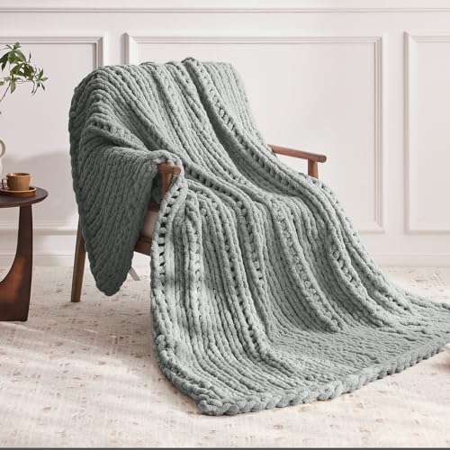Negwoo Chunky Knit Throw Blanket, 50''*60'' Knitted Throw Chenille Yarn for Bed Couch, Handmade Light Grey Crochet Big Thick Blanket, Machine Washable Cute Comfy Blanket for Home Decor - Image 2
