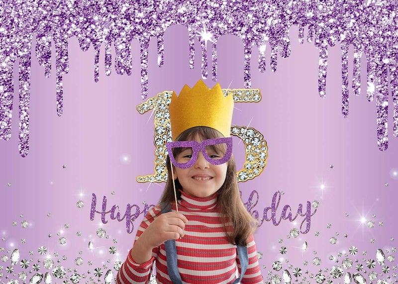 INRUI Purple Happy 15th Birthday Photography Background Girls Sweet Fifteen Years Old Birthday Party Decorations Backdrop 7x5FT - Image 3