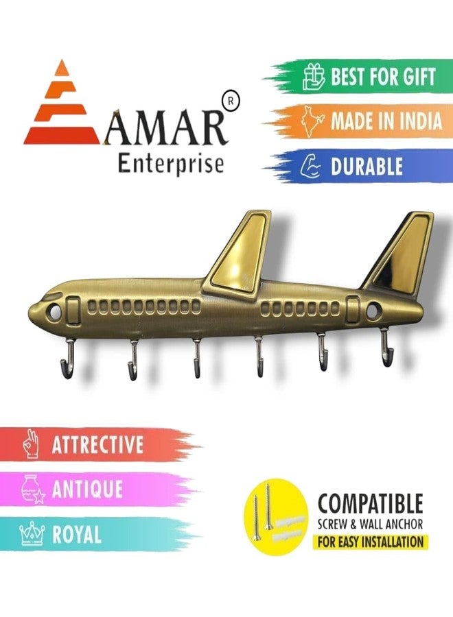 AMAR ENTERPRISE خطاف حائط مزخرف على شكل طائرة، حامل مفاتيح معدني ذهبي عتيق بستة خطافات، تصميم طائرة للتثبيت على الحائط - Image 3