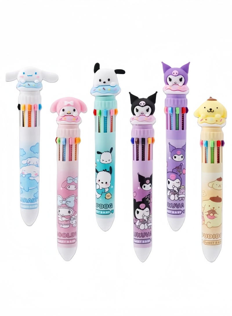 6pcs Multicolor Ballpoint Pen Cartoon, Retractable 10-Color Pens for Kids, Students, Office & School Supplies - Image 1