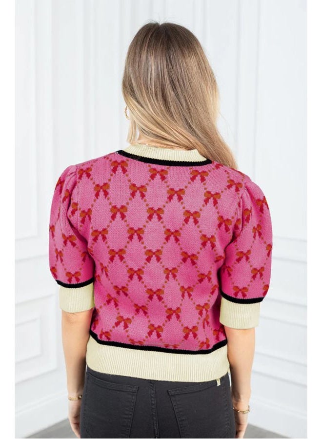 Ecosunny Women's Casual Round Neck Short Sleeve Shirts Bow Print Sweater Loose Tunic Blouses Tops Pink M - Image 2