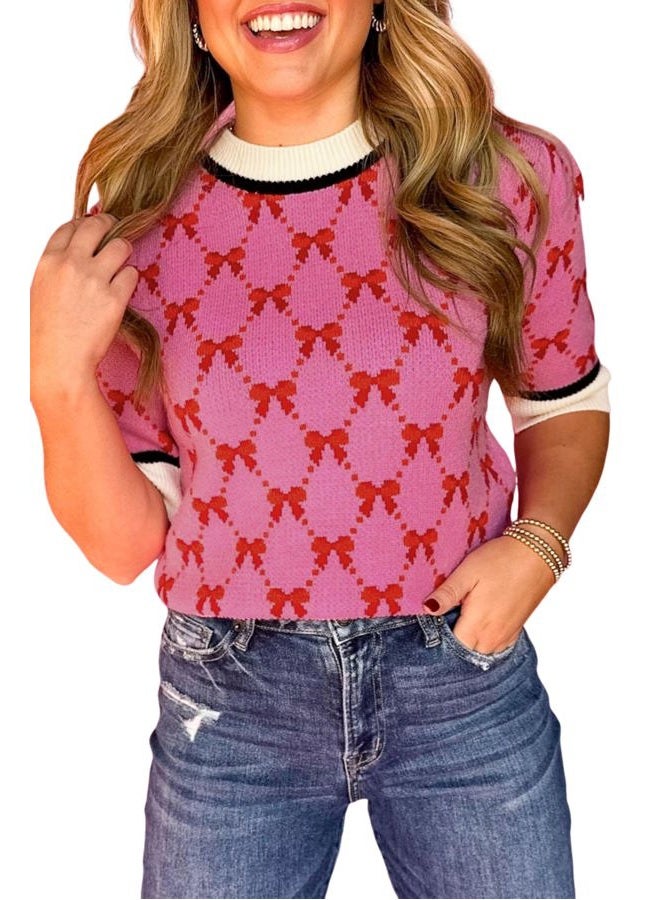 Ecosunny Women's Casual Round Neck Short Sleeve Shirts Bow Print Sweater Loose Tunic Blouses Tops Pink M - Image 1