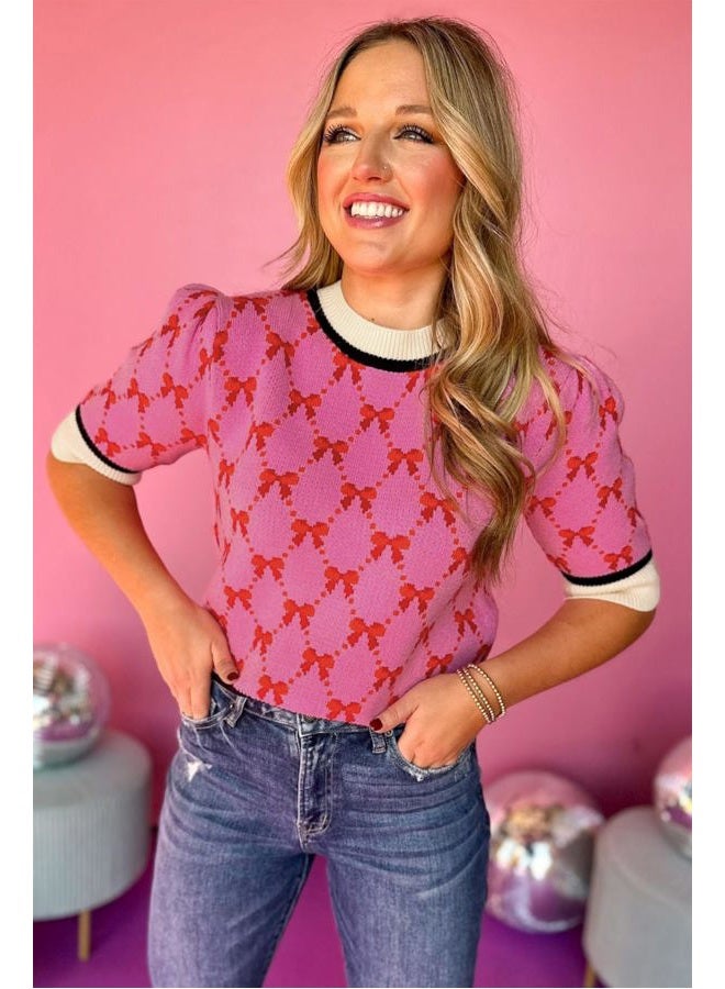 Ecosunny Women's Casual Round Neck Short Sleeve Shirts Bow Print Sweater Loose Tunic Blouses Tops Pink M - Image 3