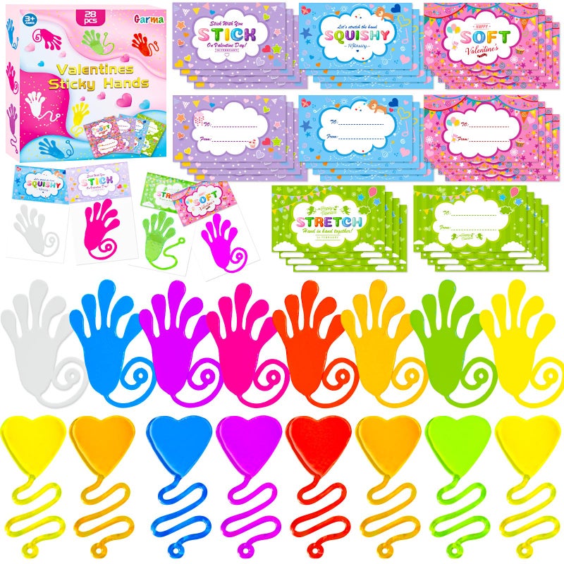 Garma 28 Pack Valentines Gifts Cards for Kids with Love-Heart Style Sticky Hands Toys Valentines Exchange Gifts Classroom Prizes Valentine Party Favors Greeting Cards Goodie Bag Stuffer Fillers - Image 1